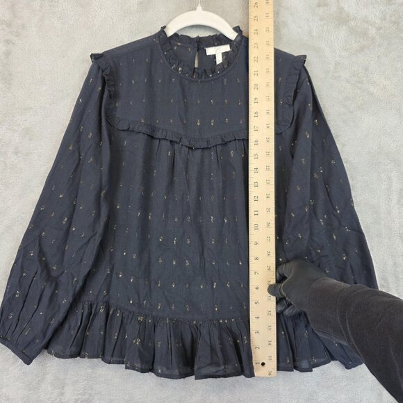 Joie Blouse Womens XS Black Gold Metallic Ruffle Peplum Long Sleeve Top - Picture 3 of 12